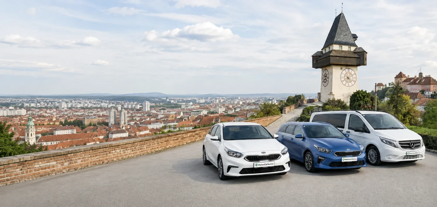Mietwagen von PerfectCarRent vor dem Grazer Uhrturm